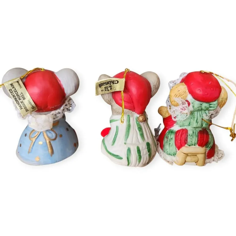Lot 3 Vintage Jasco Bisque Porcelain Taiwan Caring Critter Chimer Bell Ornaments